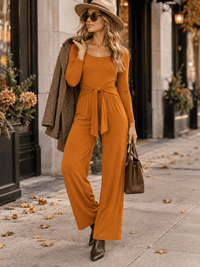WOMEN'S LONG SLEEVE SELF TIE WIDE LEG RIBBED JUMPSUIT