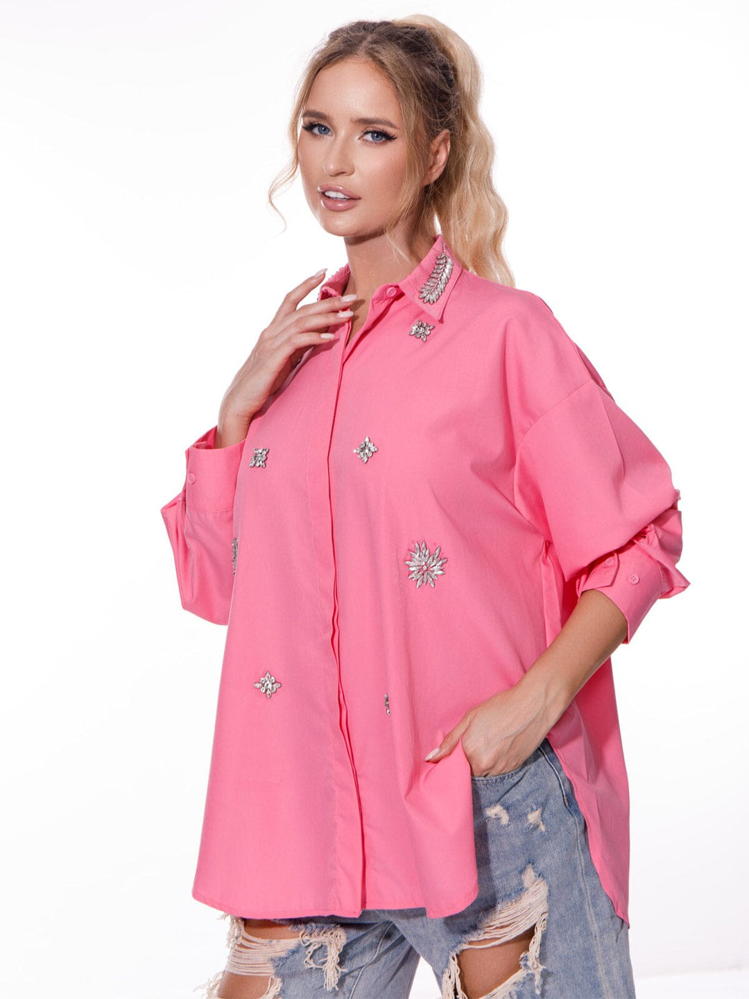 WOMEN'S LONG SLEEVE BUTTON UP STUDS DETAILED OVERSIZE TOP