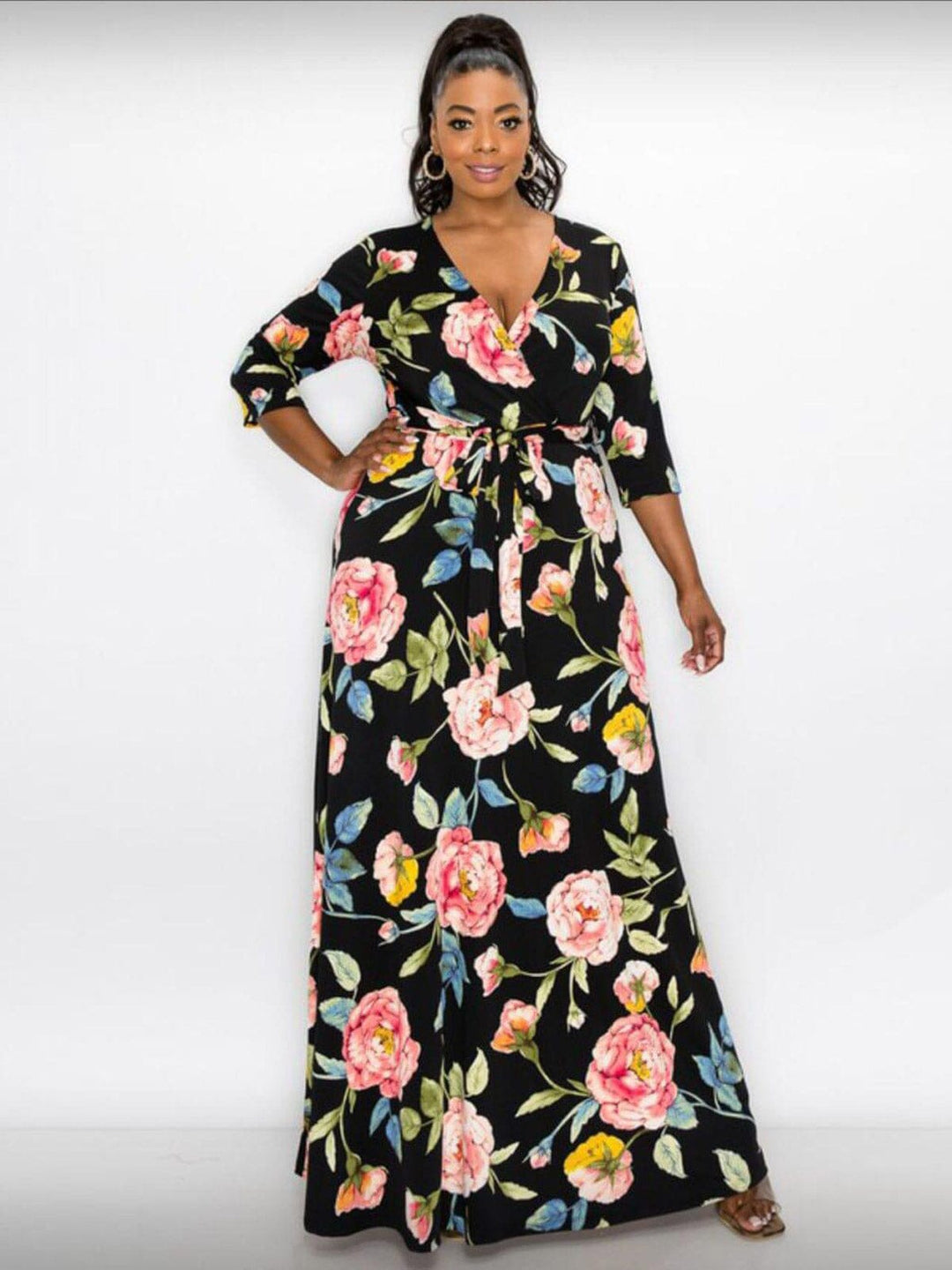 PLUS SIZE 3/4 SLEEVE SURPLICE SELF TIE FLORAL MAXI DRESS
