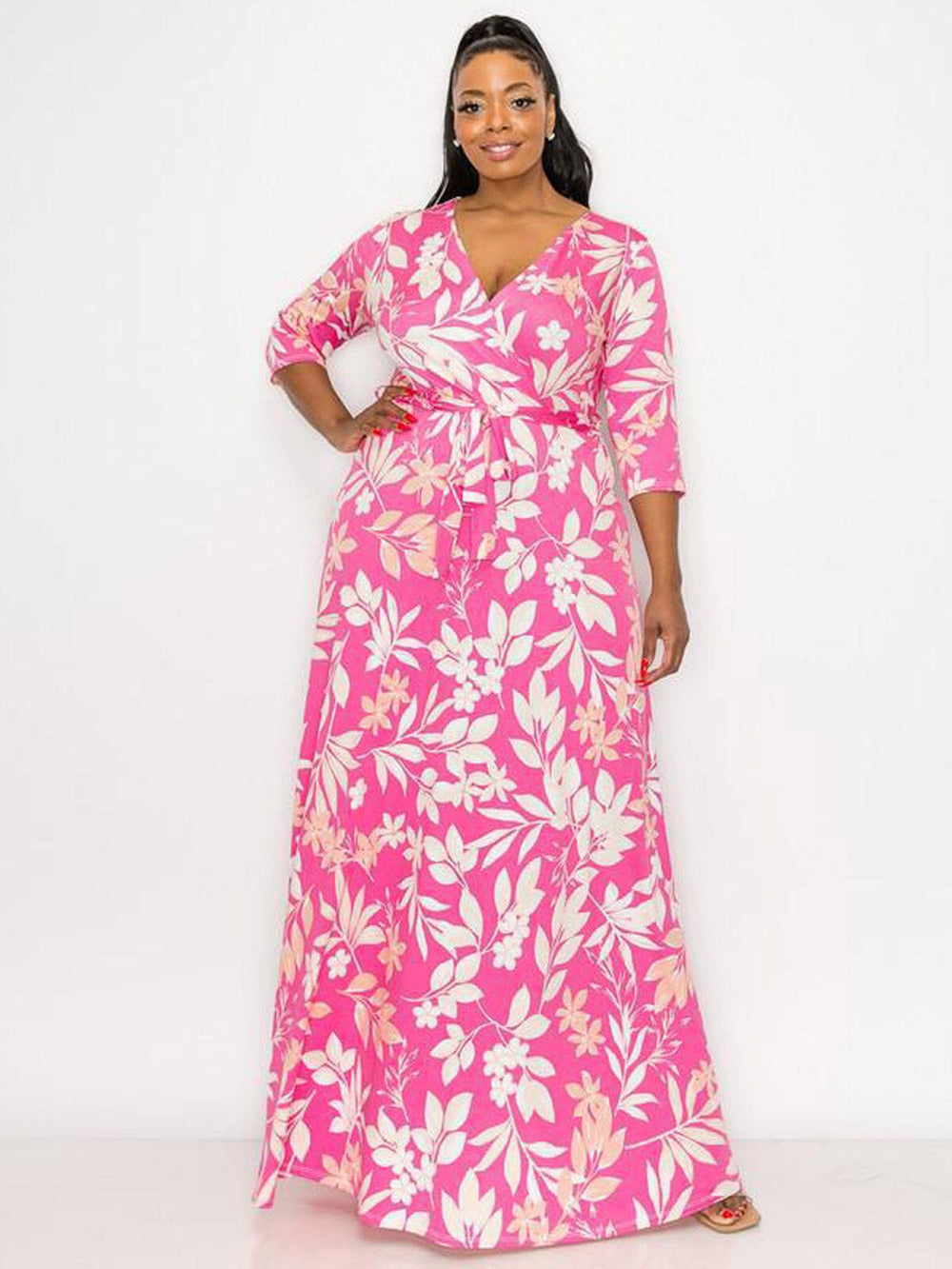 PLUS SIZE 3/4 SLEEVE SURPLICE SELF TIE FLORAL MAXI DRESS