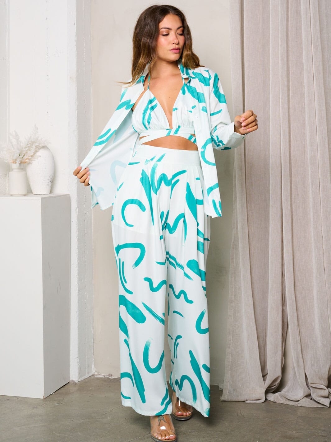 WOMEN'S LONG SLEEVE W/BRA & WIDEL LEG PANTS PRINTED 3PC. SET