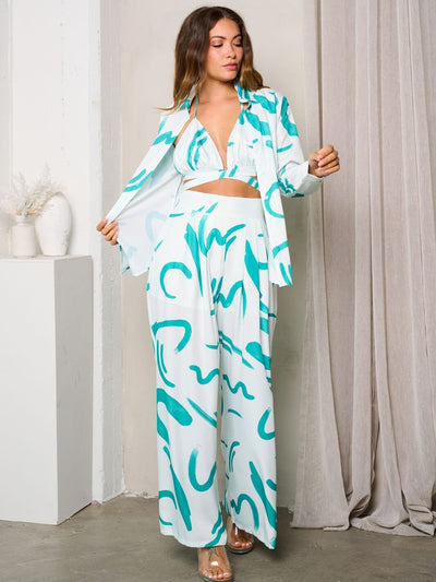 WOMEN'S LONG SLEEVE W/BRA & WIDEL LEG PANTS PRINTED 3PC. SET