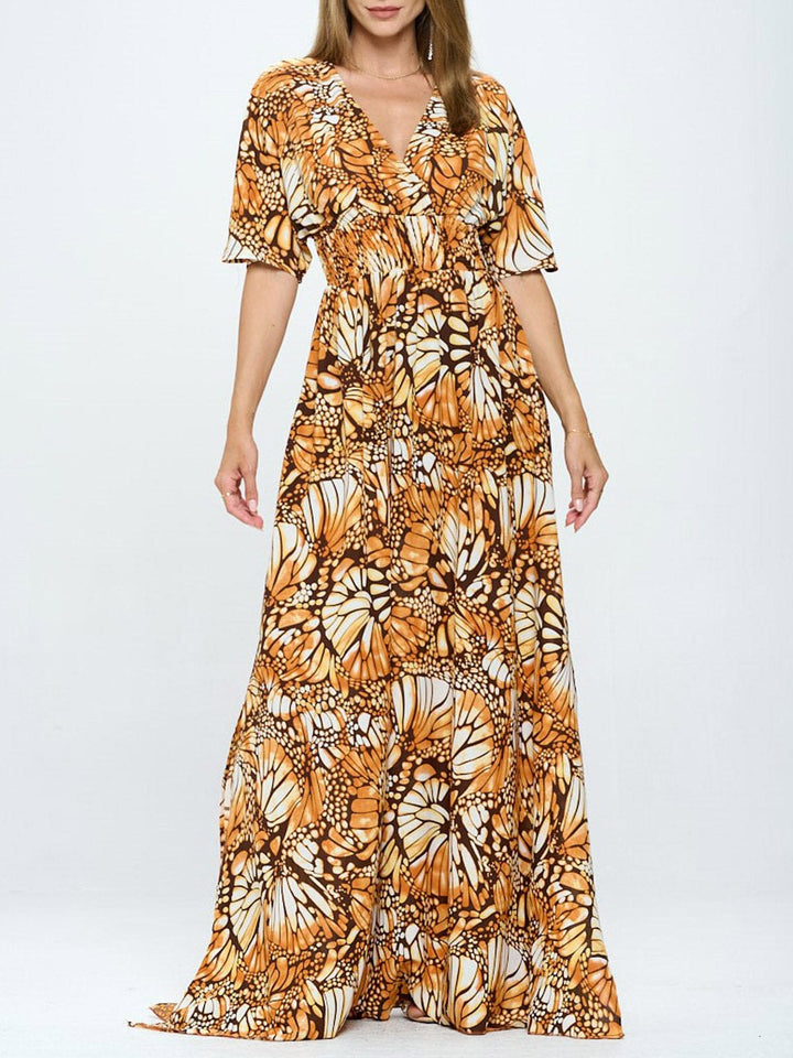 WOMEN'S SHORT SLEEVE SURPLICE SMOCK WAIST PRINTED MAXI DRESS