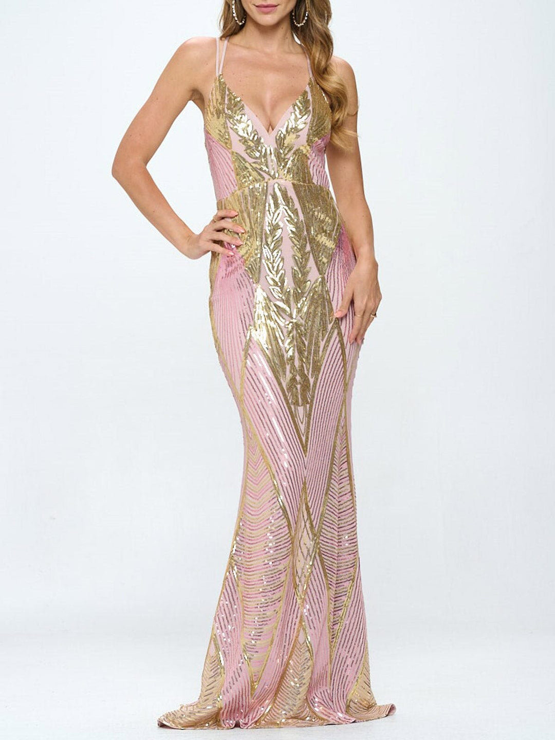 WOMEN'S SLEEVELESS V-NECK BODYCON SEQUINS GOWN MAXI DRESS