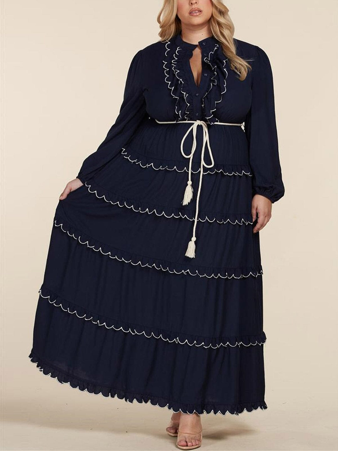 PLUS SIZE LONG SLEEVE TIERED RUFFLE MAXI DRESS
