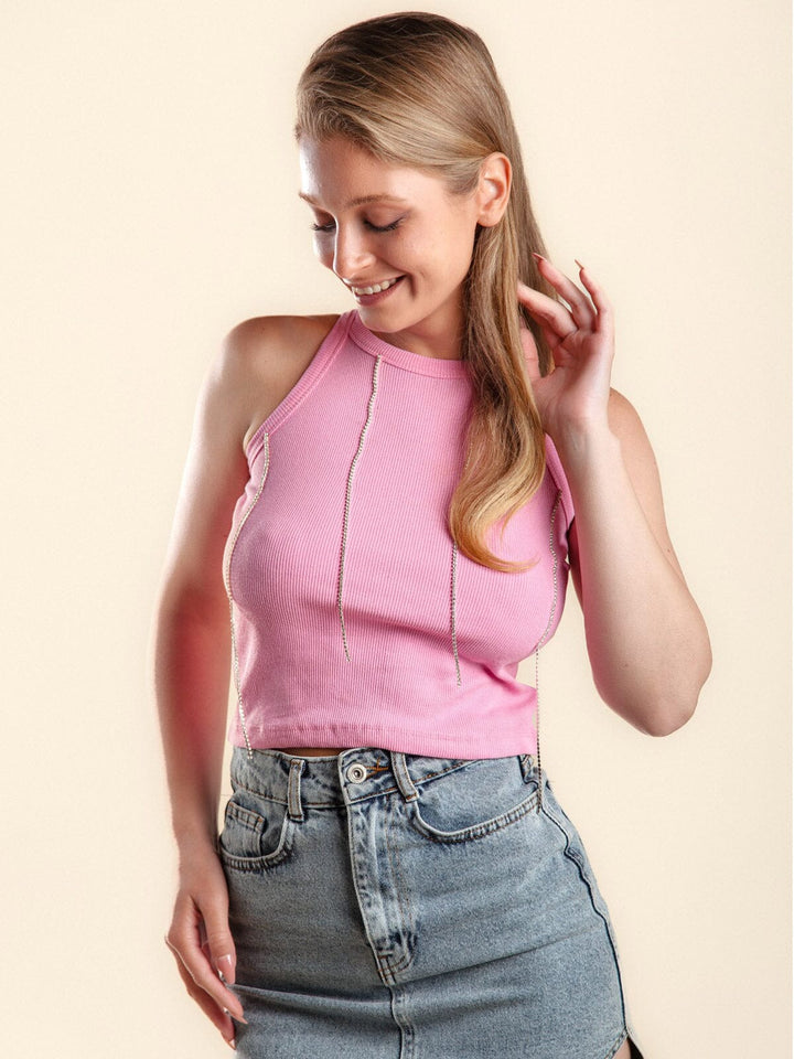 WOMEN'S SLEEVELESS TASSEL STUD DETAILED TANK TOP