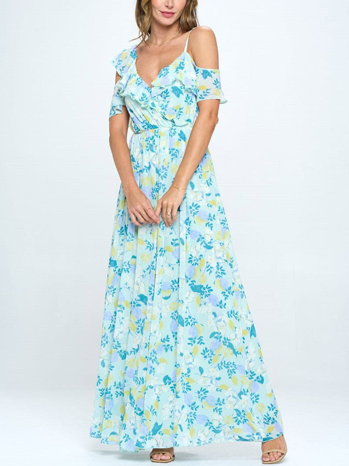 WOMEN'S COLD SHOULDER RUFFLE FLORAL MAXI DRESS