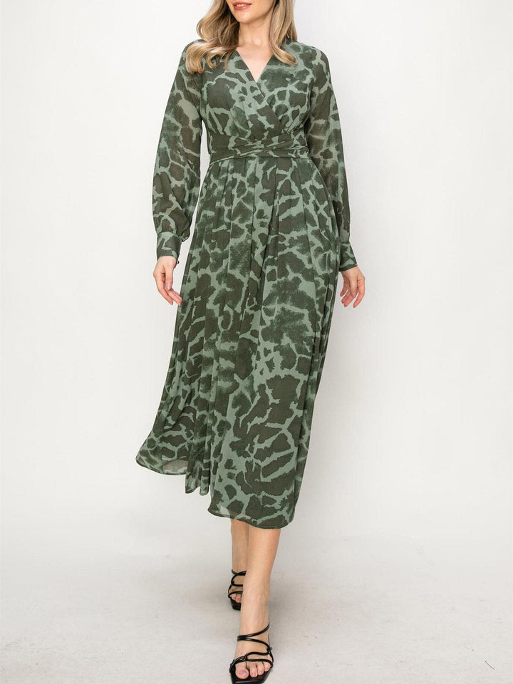 WOMEN'S LONG SLEEVE ANIMAL PRINT SURPLICE MAXI DRESS