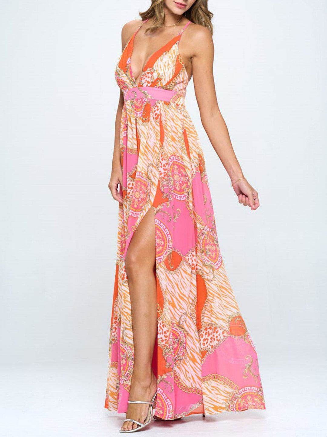 WOMEN'S SLEEVELESS V-NECK OPEN BACK MULTI PRINT MAXI DRESS