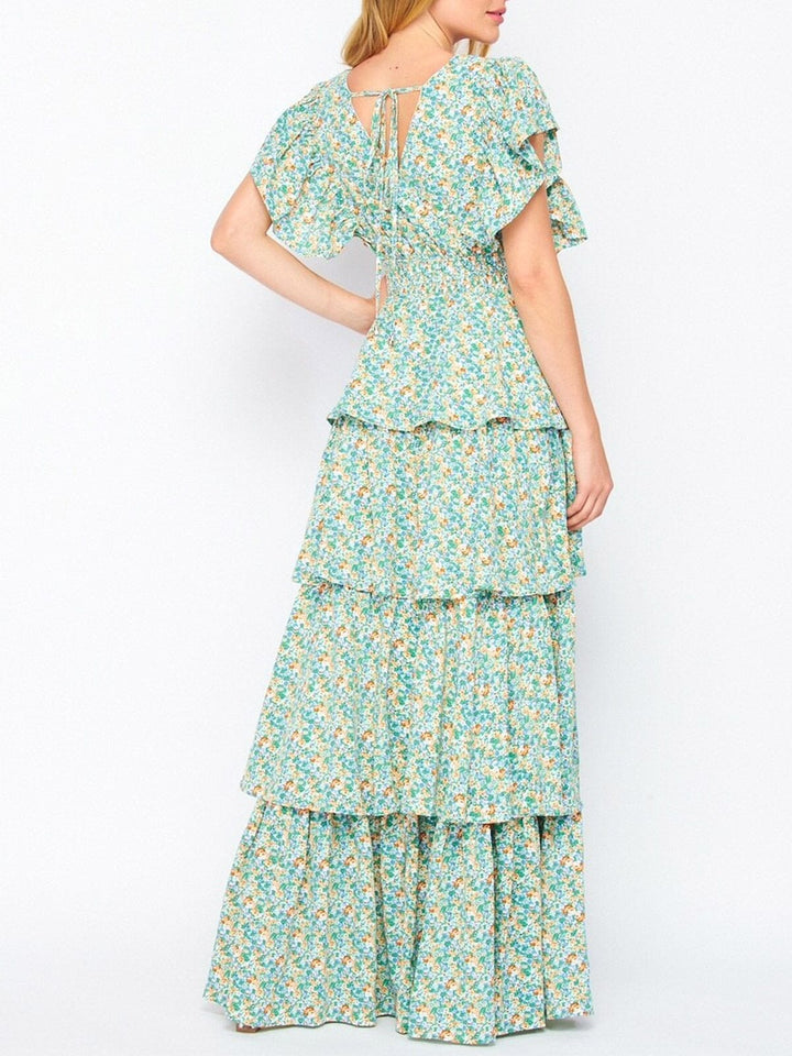 WOMEN'S SHORT RUFFLE SLEEVE V-NECK TIERED FLORAL MAXI DRESS