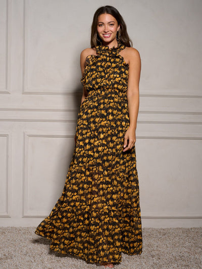 WOMEN'S SLEEVELESS HALTER NECK SMOCK FLORAL MAXI DRESS