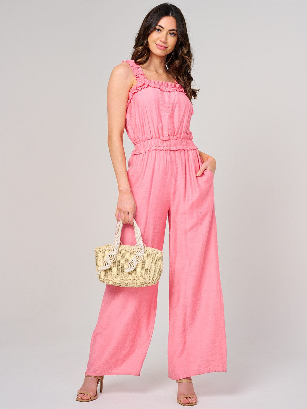 WOMEN'S SLEEVELESS SMOCK WAIST FRONT POCKETS WIDE LEG JUMPSUIT