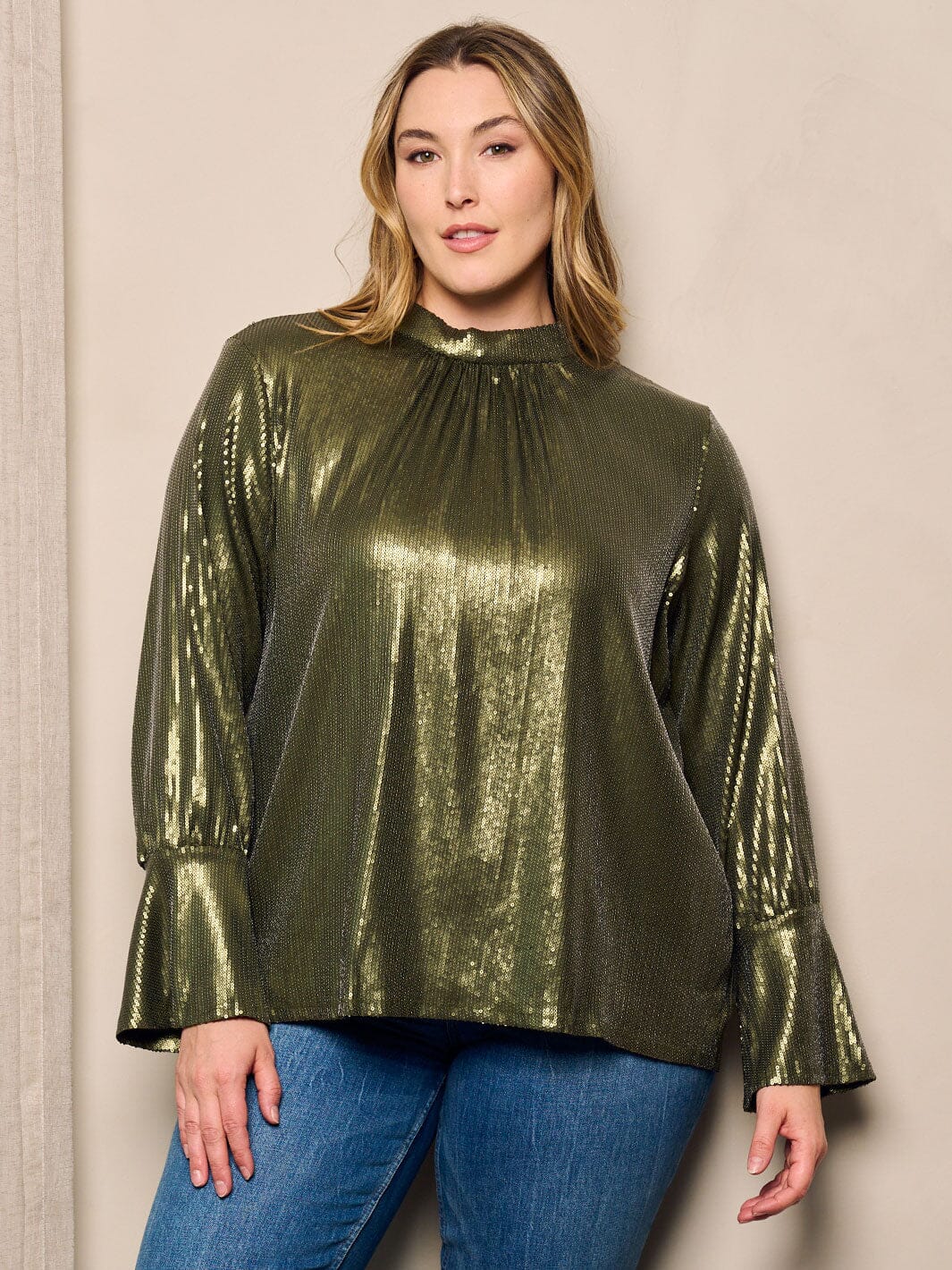 PLUS SIZE LONG BELL SLEEVE SEQUINS DETAILED BLOUSE TOP