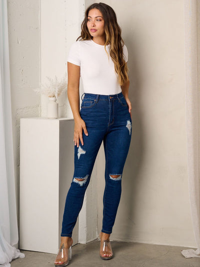 WOMEN'S BUTTON CLOSURE DISTRESSED SKINNY JEANS