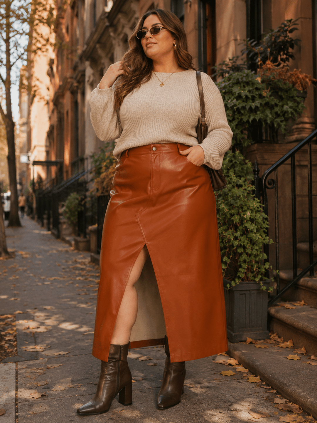 PLUS SIZE BUTTON CLOSURE FRONT SLIT POCKETS PU PLEATHER MAXI SKIRT