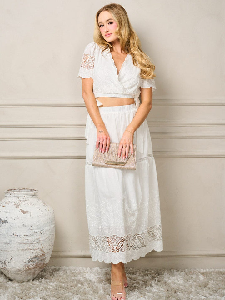 WOMEN'S SHORT SLEEVE V-NECK TOP & DETAILED MAXI SKIRT 2PC. SET
