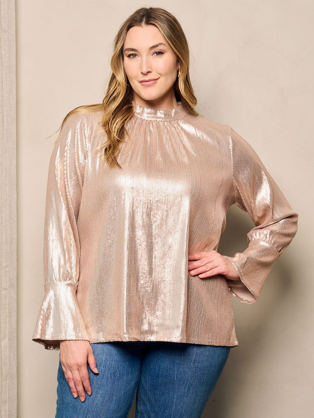 PLUS SIZE LONG BELL SLEEVE SEQUINS DETAILED BLOUSE TOP