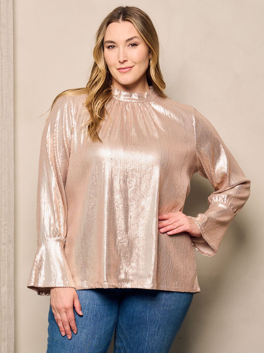 PLUS SIZE LONG BELL SLEEVE SEQUINS DETAILED BLOUSE TOP