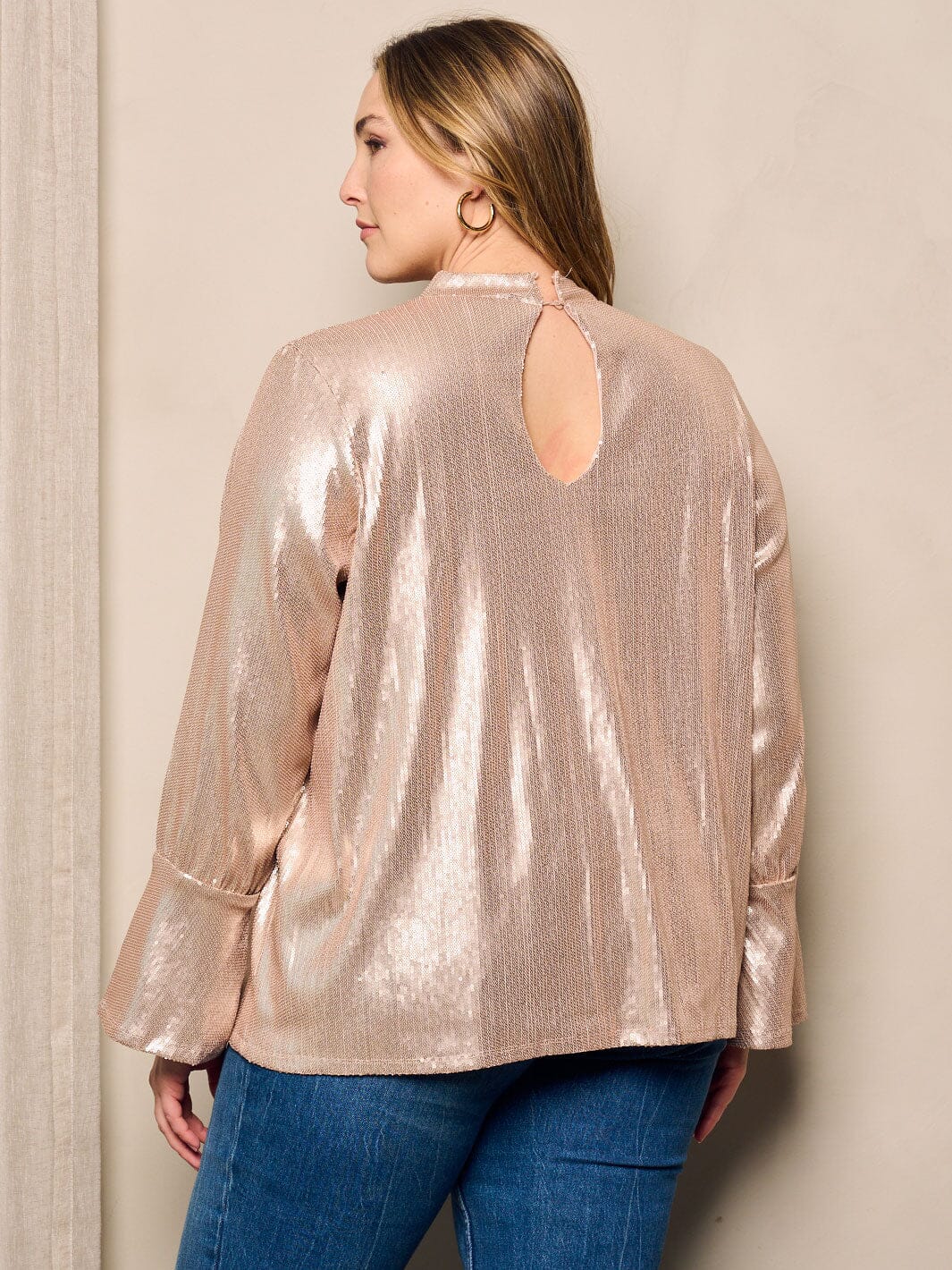 PLUS SIZE LONG BELL SLEEVE SEQUINS DETAILED BLOUSE TOP