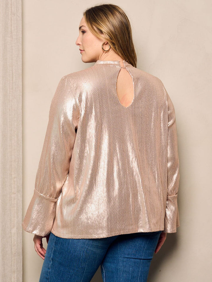 PLUS SIZE LONG BELL SLEEVE SEQUINS DETAILED BLOUSE TOP