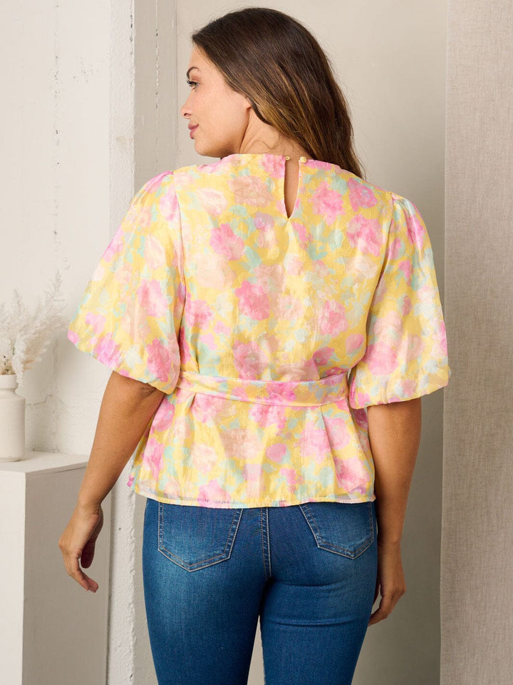 WOMEN'S SHORT SLEEVE FLORAL SELF TIE BLOUSE TOP