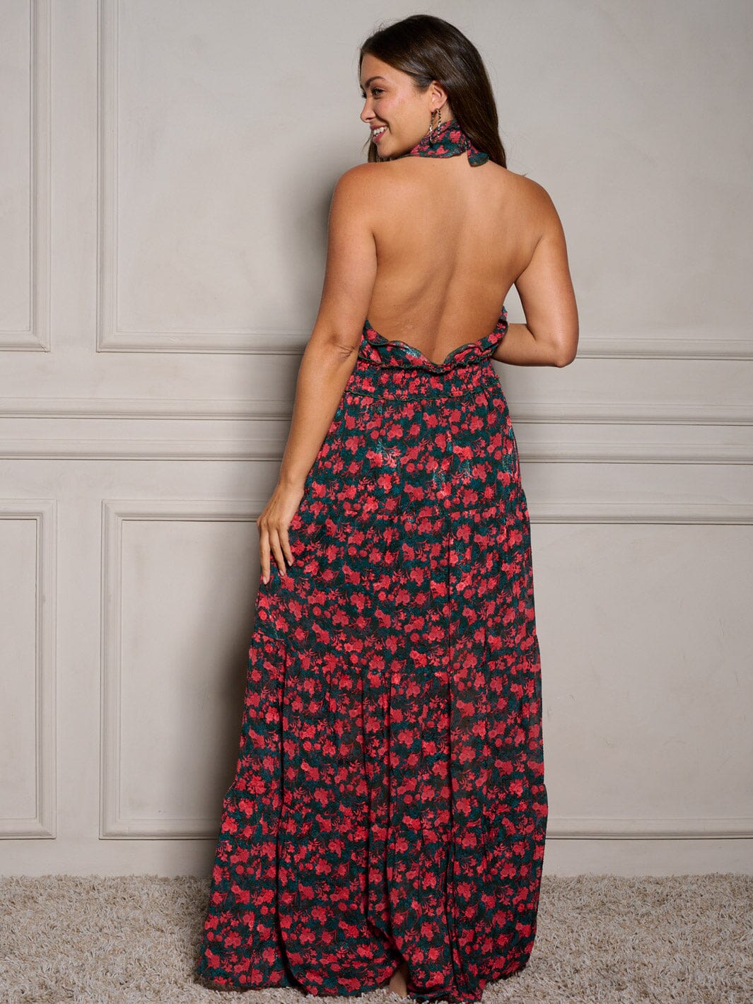 WOMEN'S SLEEVELESS HALTER NECK SMOCK FLORAL MAXI DRESS WOMEN'S SLEEVELESS HALTER NECK SMOCK FLORAL MAXI DRESS