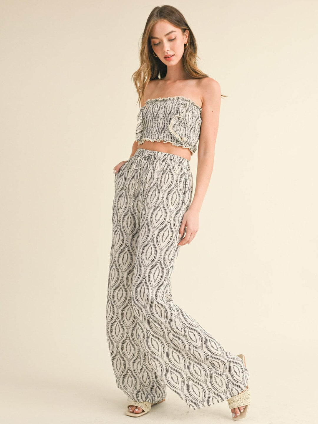 WOMEN'S SMOCK CROP TOP & WIDE LEG PANTS PRINTED 2PC. SET