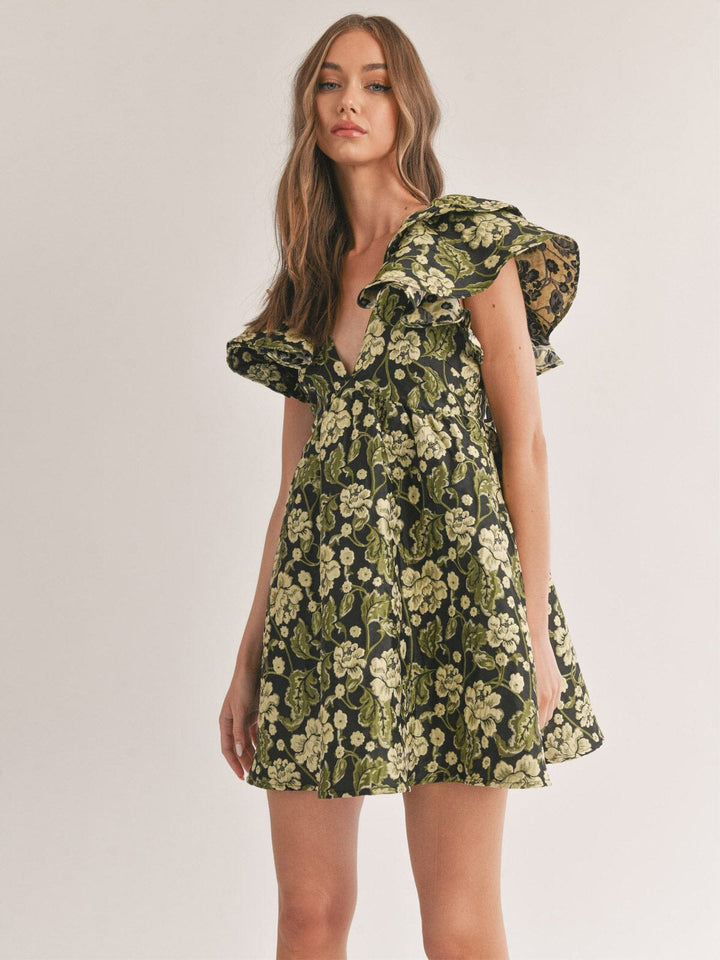 WOMEN'S RUFFLE SLEEVE V-NECK FIT & FLARE FLORAL OPEN BACK JACQUARD MINI DRESS
