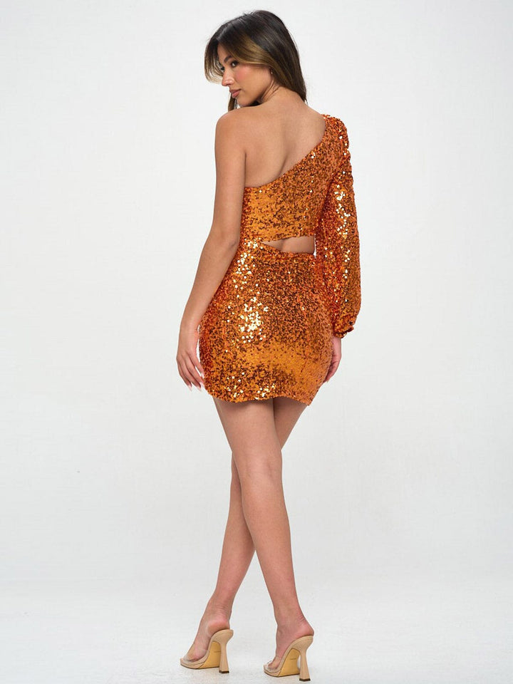 WOMEN'S LONG SLEEVE ONE SHOULDER CUT OUT SEQUINS MINI DRESS