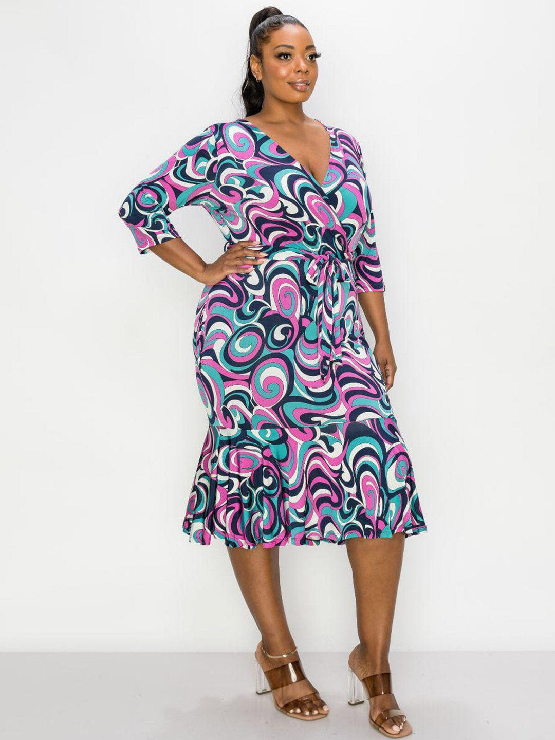 PLUS SIZE 3/4 SLEEVE SURPLICE MULTI PRINT BODYCON MIDI DRESS