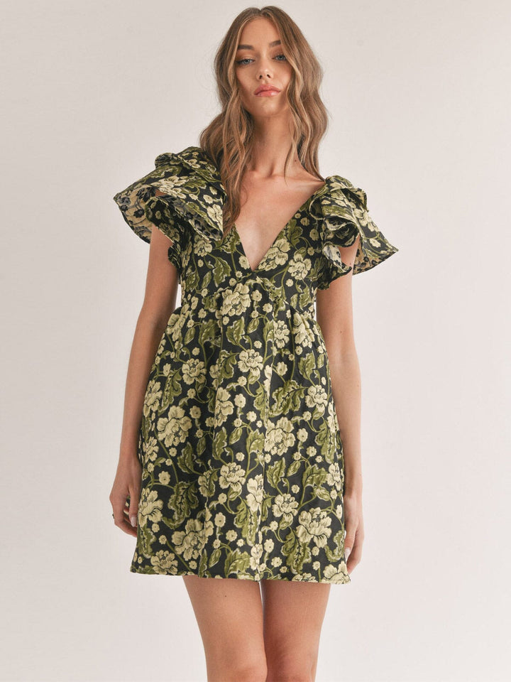 WOMEN'S RUFFLE SLEEVE V-NECK FIT & FLARE FLORAL OPEN BACK JACQUARD MINI DRESS