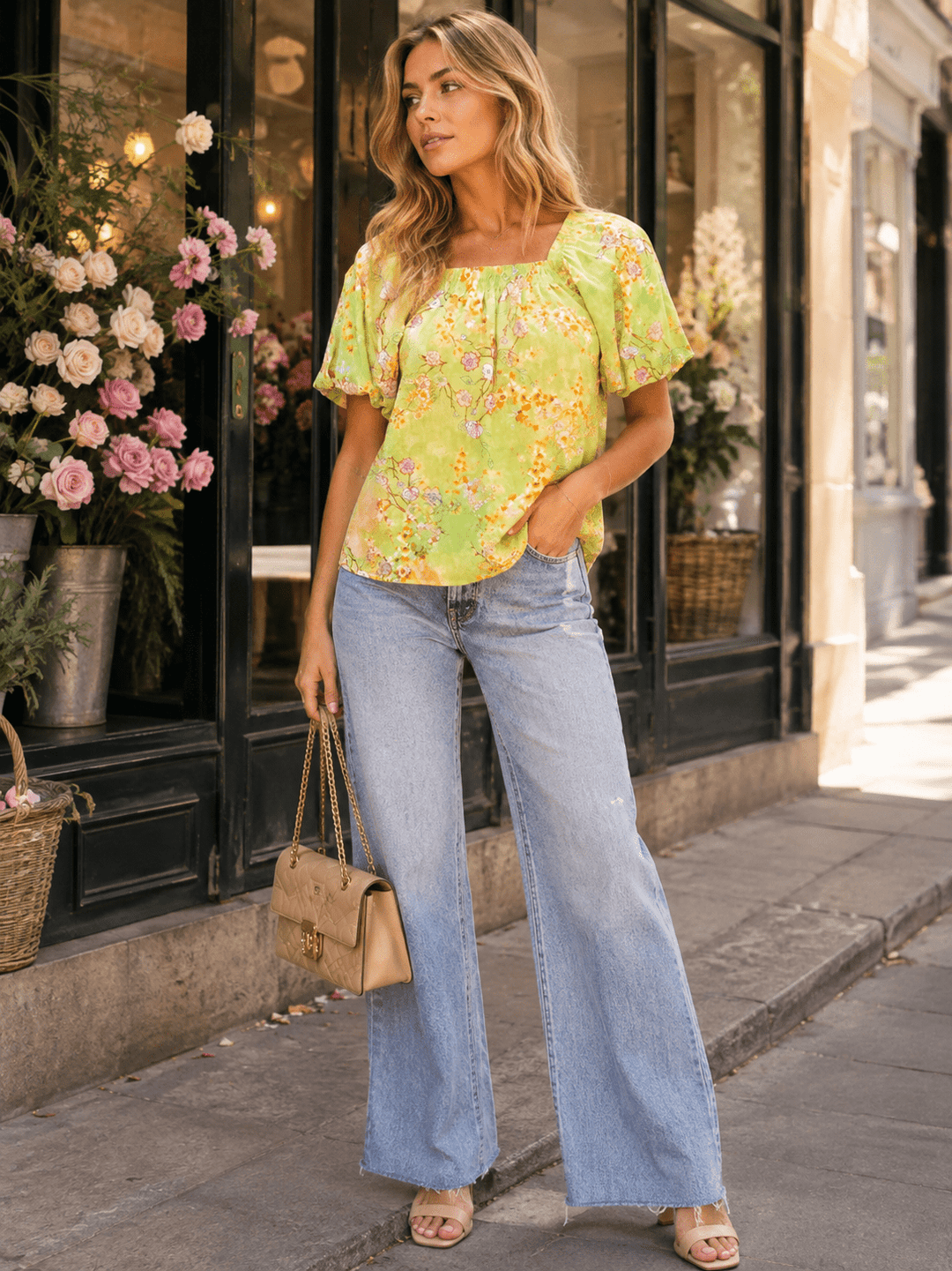 WOMEN'S SHORT PUFF SLEEVE SQUARE NECK SMOCK FLORAL BLOUSE