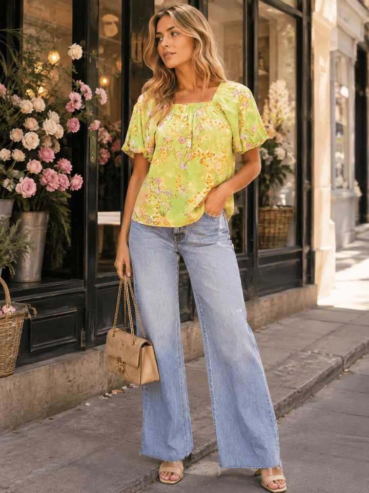 WOMEN'S SHORT PUFF SLEEVE SQUARE NECK SMOCK FLORAL BLOUSE