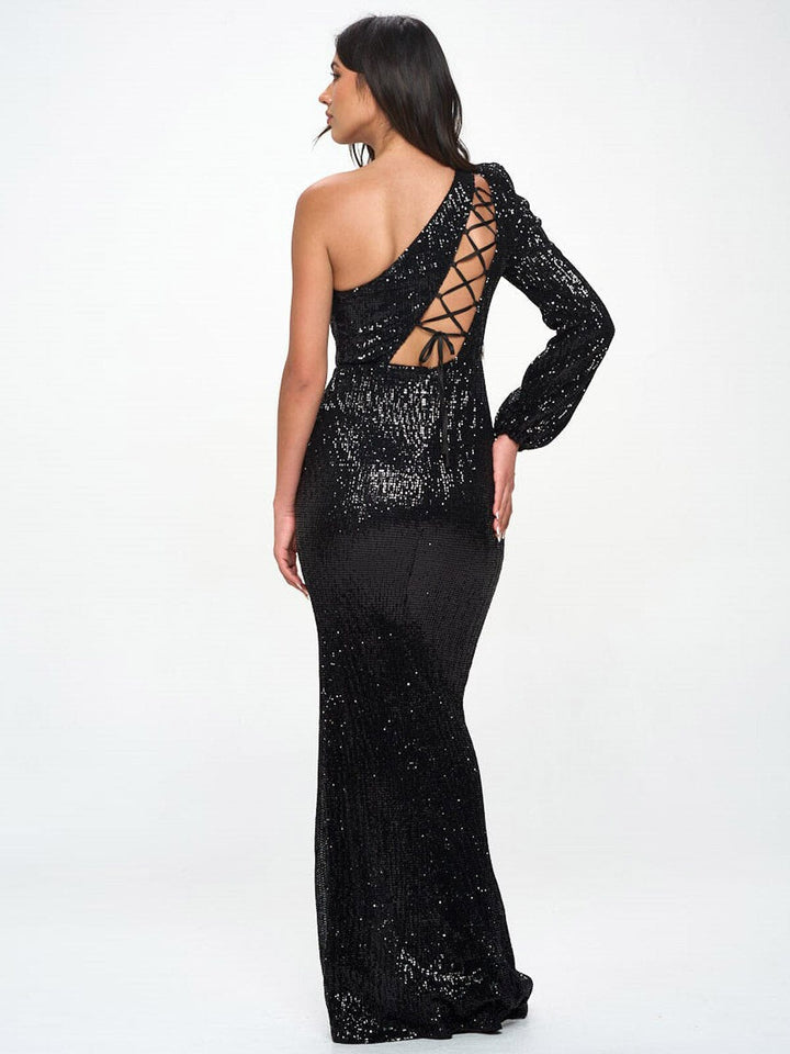WOMEN'S SLEEVELESS ONE SHOULDER BACK DETAILED SEQUINS MAXI DRESS