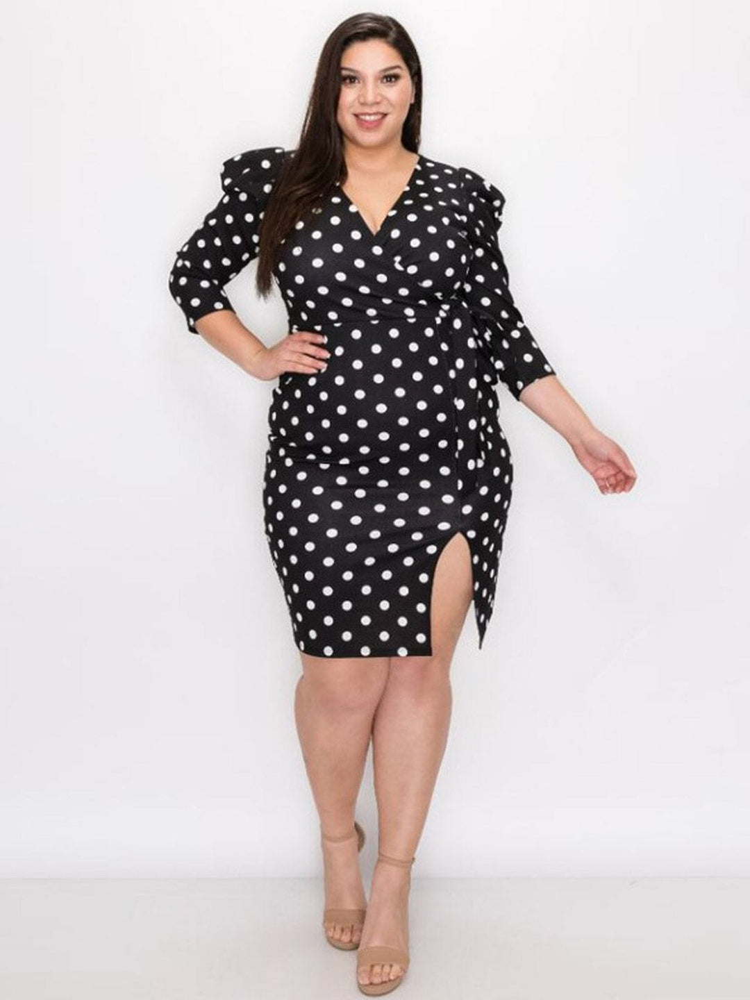 PLUS SIZE 3/4 SLEEVE SURPLICE FRONT SLIT POLKA DOTS BODYCON MINI DRESS