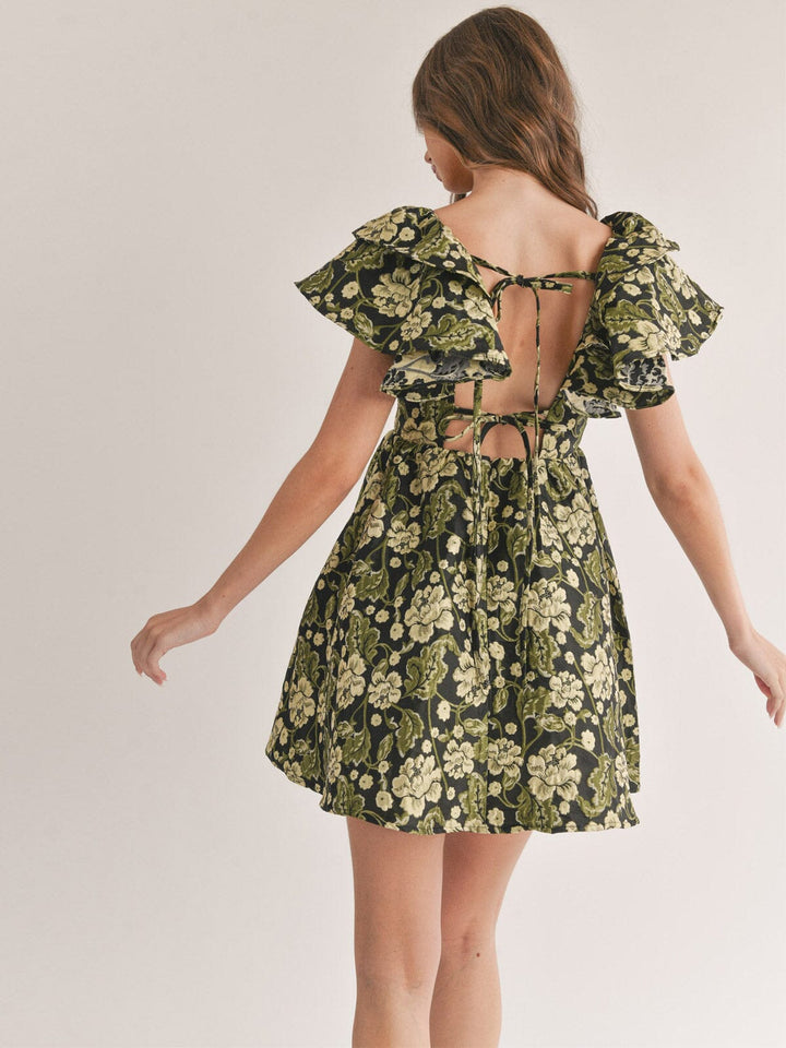 WOMEN'S RUFFLE SLEEVE V-NECK FIT & FLARE FLORAL OPEN BACK JACQUARD MINI DRESS