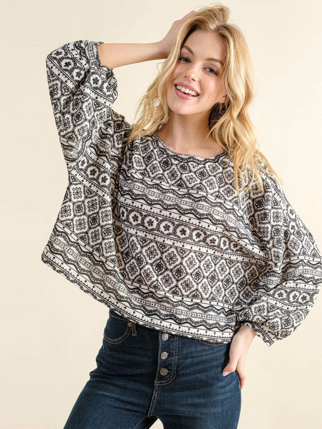 WOMEN'S LONG SLEEVE MULTI PRINT TOP