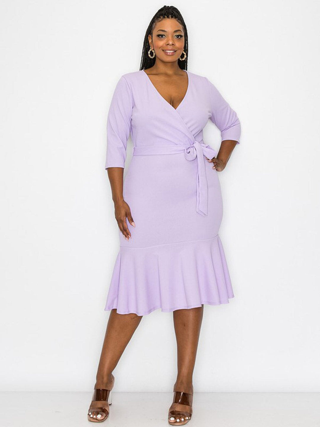 PLUS SIZE 3/4 SLEEVE SURPLICE SELF TIE BODYCON MIDI DRESS