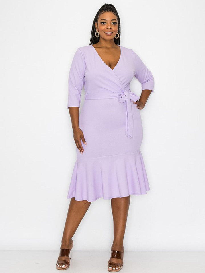 PLUS SIZE 3/4 SLEEVE SURPLICE SELF TIE BODYCON MIDI DRESS