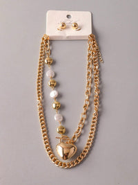 FASHION STUD EARRINGS & HEART PENDANT CHAIN NECKLACE SET