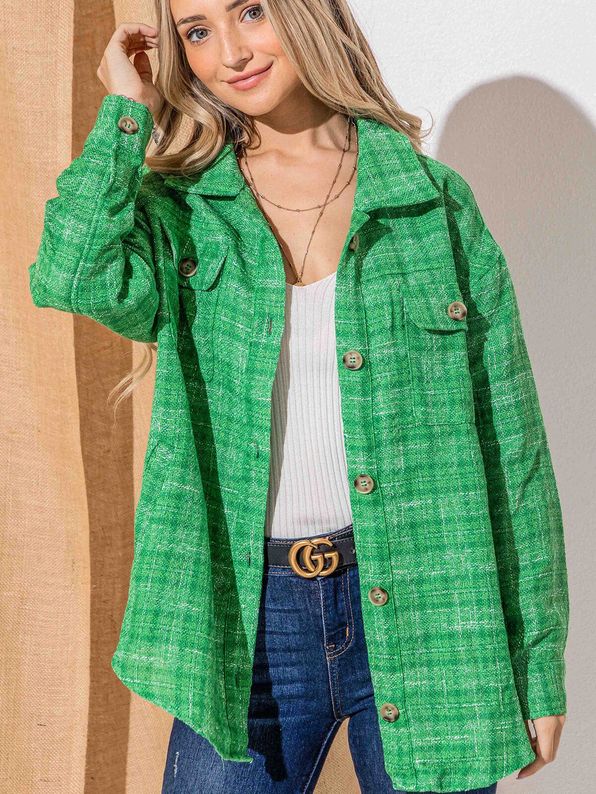 WOMEN'S LONG SLEEVE BUTTON CLOSURE FRONT POCKETS TWEED SHACKET