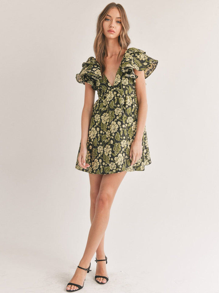 WOMEN'S RUFFLE SLEEVE V-NECK FIT & FLARE FLORAL OPEN BACK JACQUARD MINI DRESS