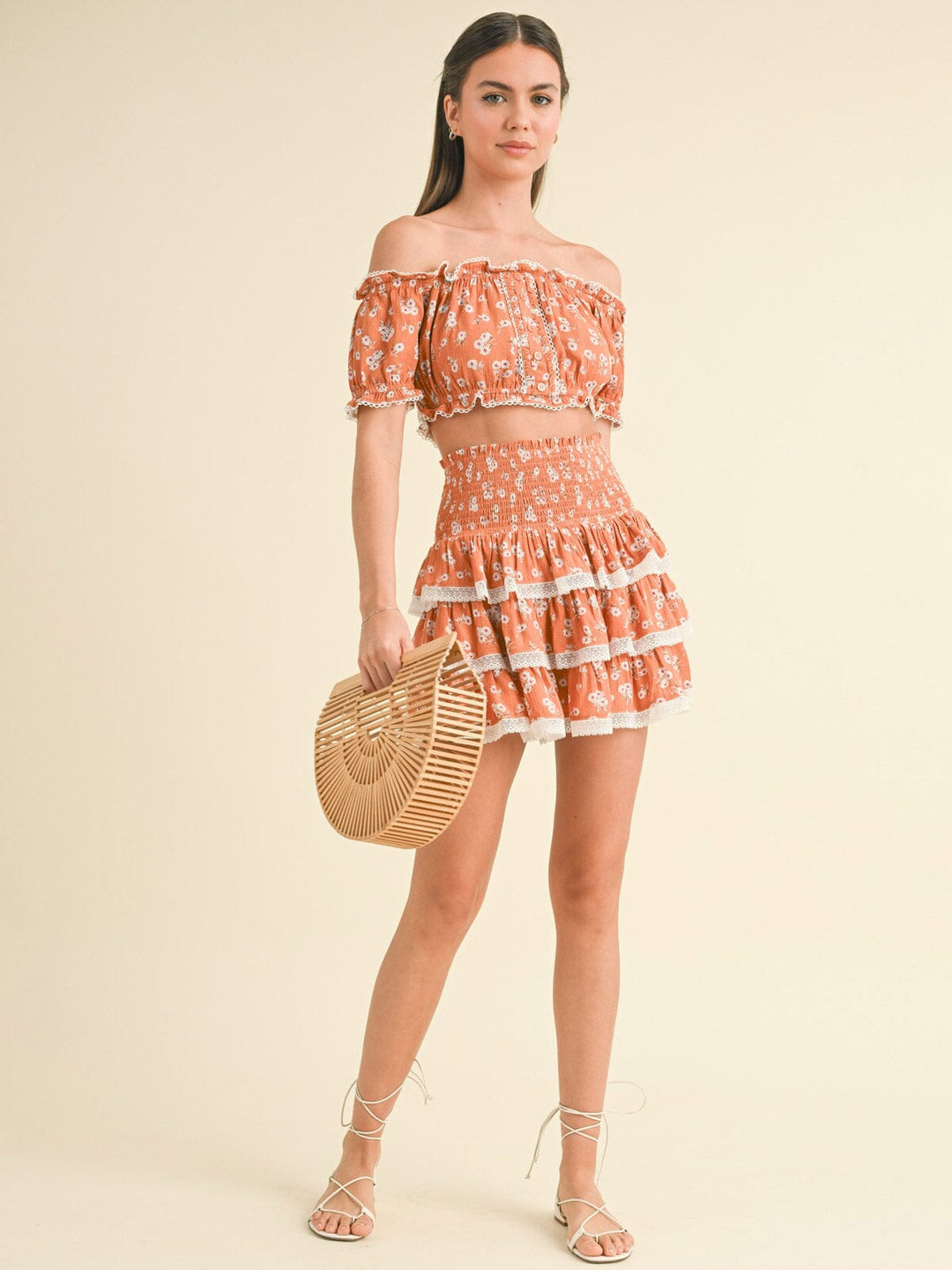 WOMEN'S OFF SHOULDER CROP TOP & ELASTIC WAIST MINI SKIRT RUFFLE FLORAL 2PC. SET