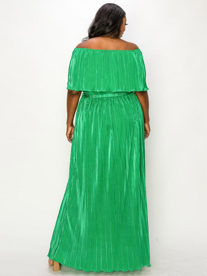 PLUS SIZE OFF SHOULDER RUFFLE SELF TIE PLEATED MAXI DRESS