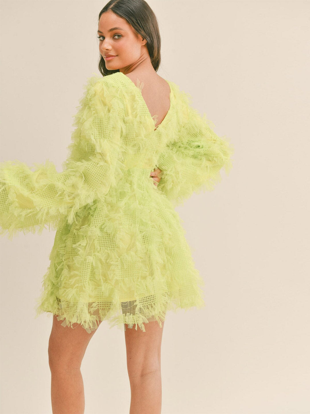 WOMEN'S LONG SLEEVE V-NECK FEATHER DETAILED MINI DRESS
