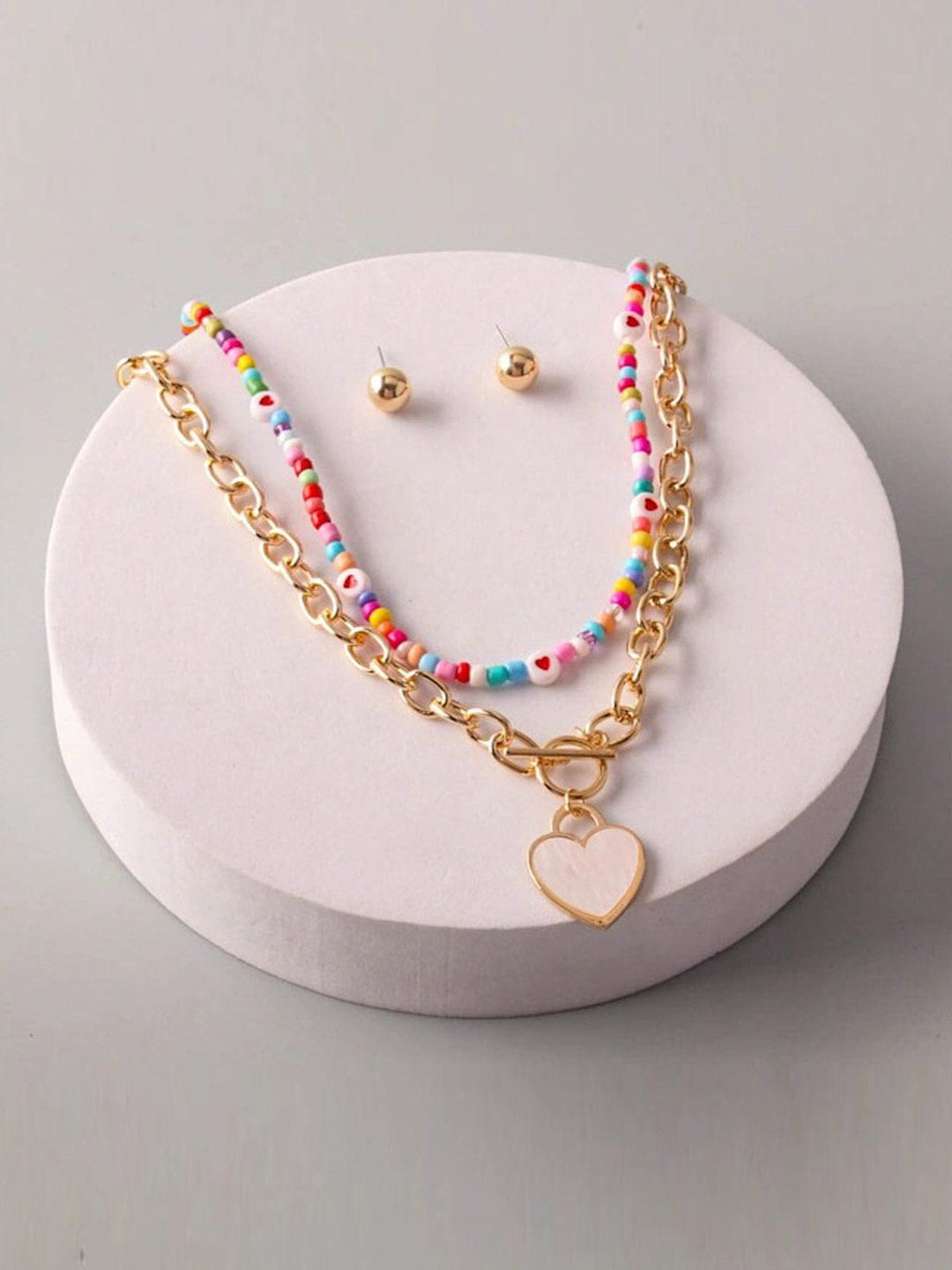 FASHION STUDS EARRINGS & HEART PENDANT CHAINS NECKLACE SET