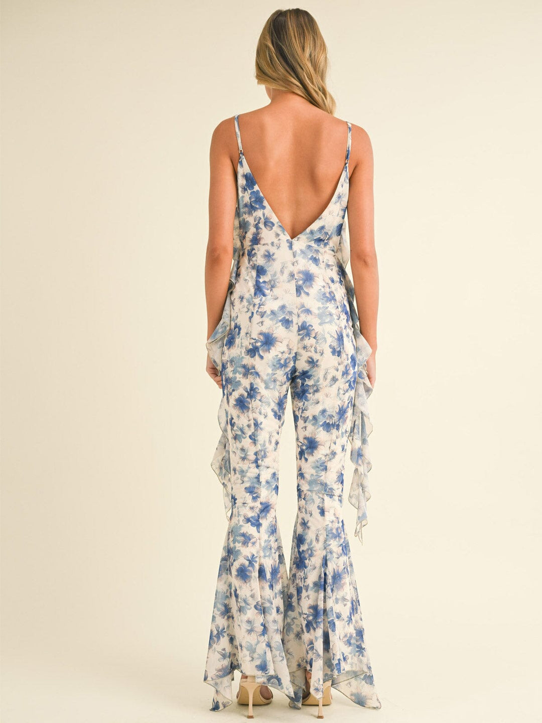 WOMEN'S SLEEVELESS V-NECK FLORAL RUFFLE BELL LEG JUMPSUIT