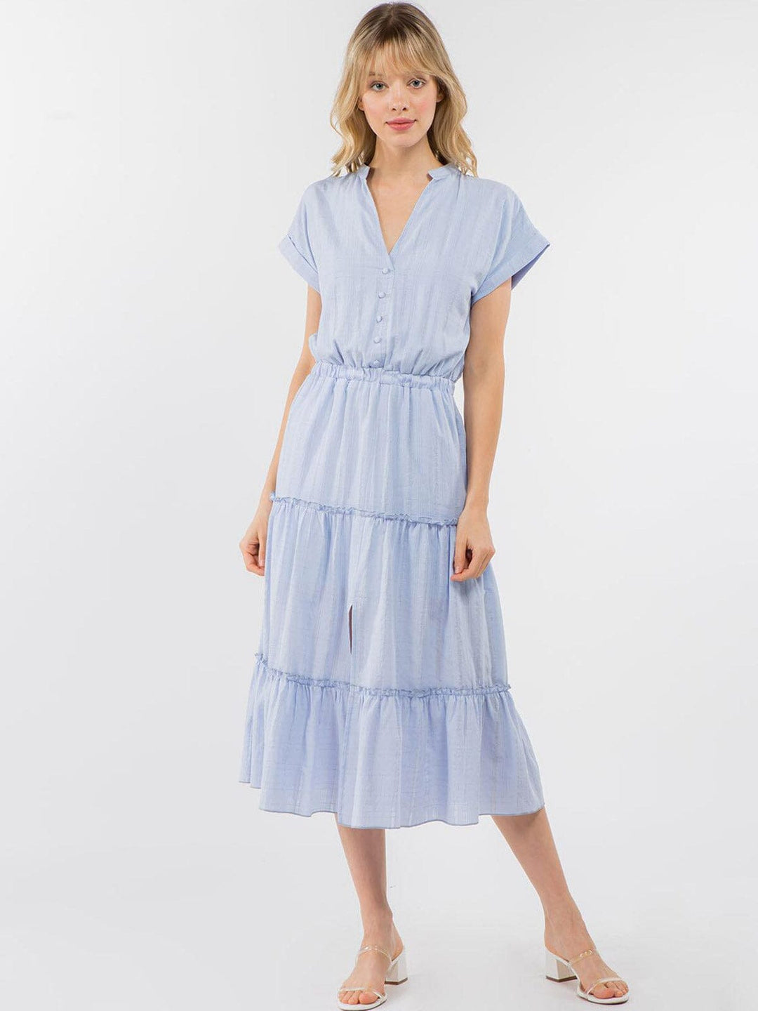 WOMEN'S SHORT SLEEVE V-NECK TIERED MIDI DRESS