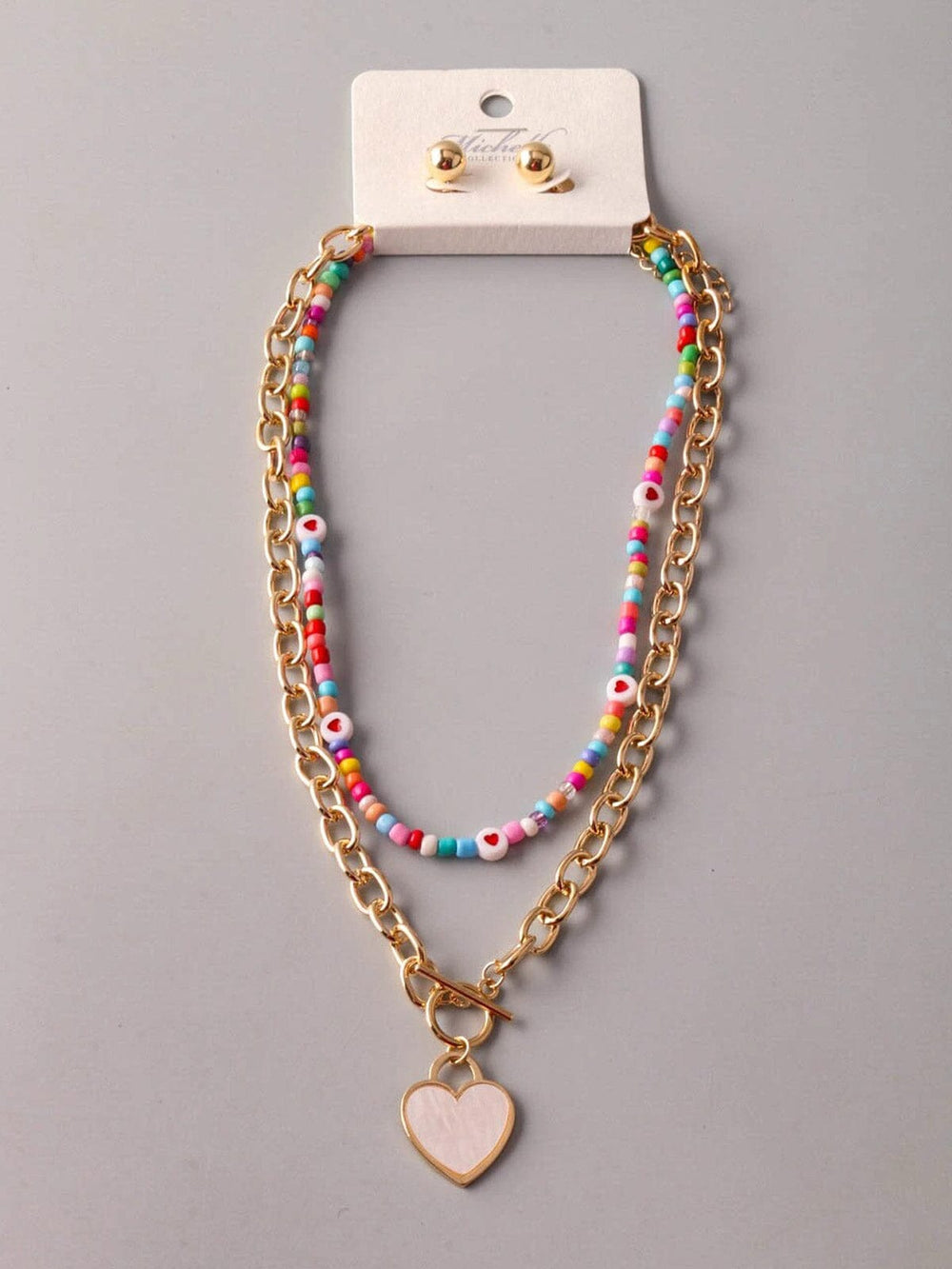 FASHION STUDS EARRINGS & HEART PENDANT CHAINS NECKLACE SET