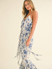 WOMEN'S SLEEVELESS V-NECK FLORAL RUFFLE BELL LEG JUMPSUIT